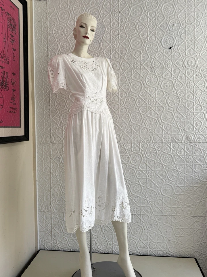 Vestido de té de lino vintage años 80-encaje blanco-coqueta de casa pequeña mujer-S/M Foto 4 de 4