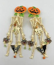 RARE 5.5" Lunch at the Ritz Skeleton & Pumkin Halloween Clip On Dangle Earrings