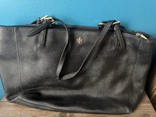 Tory Burch Black Zip Tote Bag Logo Gold Hardware Lined Inner Pockets
