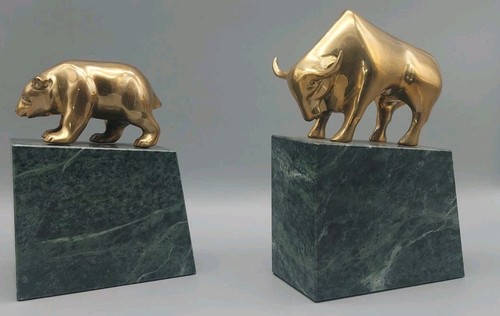 Stock market Bookends Vintage Gatco Bear and Bull Wall Street Brass and Marble