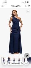 Xscape One Shoulder Pleated Navy Blue Long Gown Dress with Side Slit