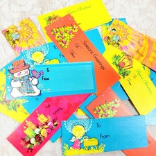 Vintage '70s bright covered mod Christmas gift tags lot of 27 blue orange yellow