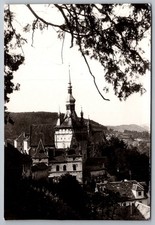 Clock Tower Sighisoara Romania 1958 Black & White Real Photo Postcard