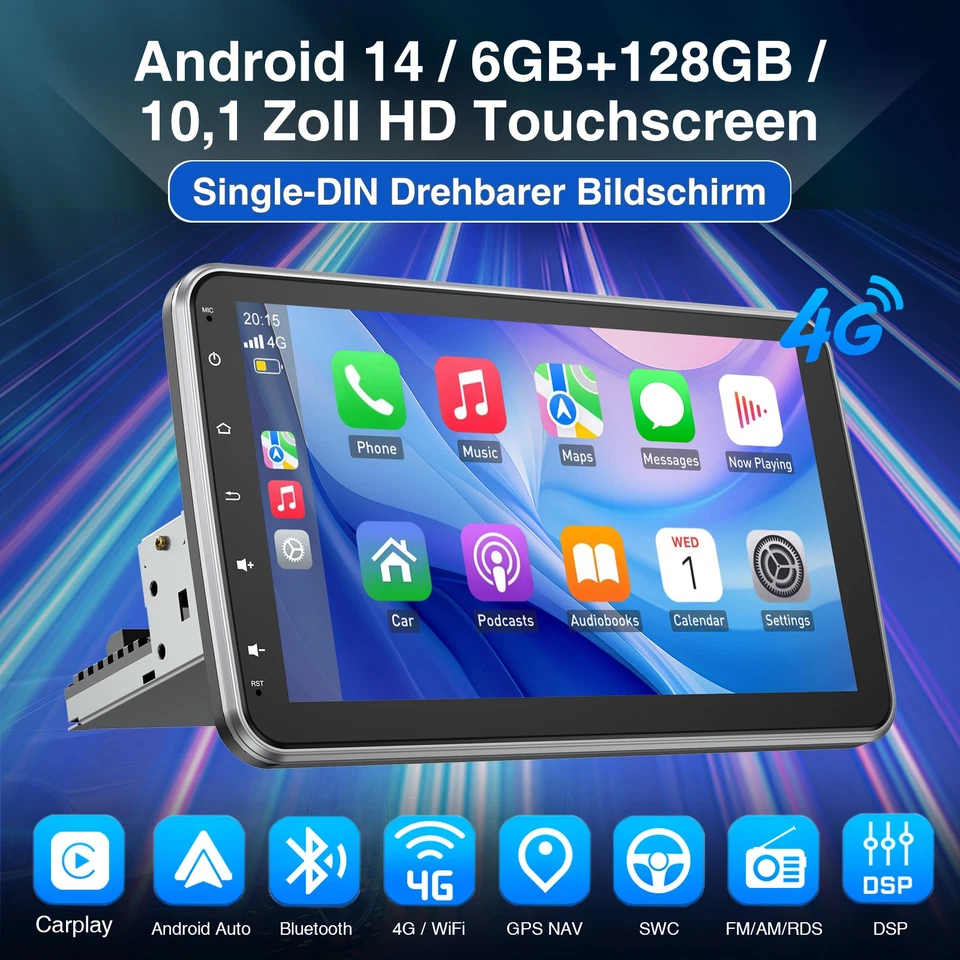 Autoradio 1 DIN 360° Drehbar Bildschirm DAB+ 6+128G 8-Kern Android 14 Carplay 4G - Bild 2 von 4