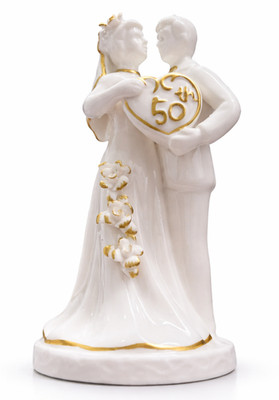50th Wedding Anniversary Cake Topper Porcelain Couple Gold Heart Decor 5''