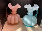 FENTON vintage pink & white and blue and white ruffled melon milk glass pitcher