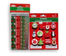Holiday Pencils 12 and Erasers 12 , Classroom Favors Stocking Stuffers