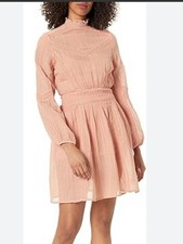 Guess Estelle Women's Peach Long-Sleeve Smocked Waist Dress Size XS Feminine