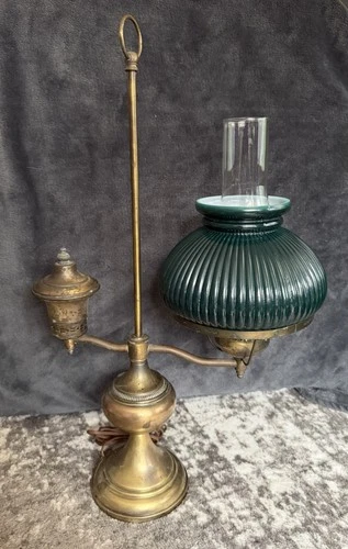 Antique Brass One Arm Student Desk Lamp Green Milk Glass Shade Electrified READ