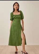 Reformation Jacqueline Linen Midi Dress Puff Sleeve Square Neck Ruched Moss SZ 2