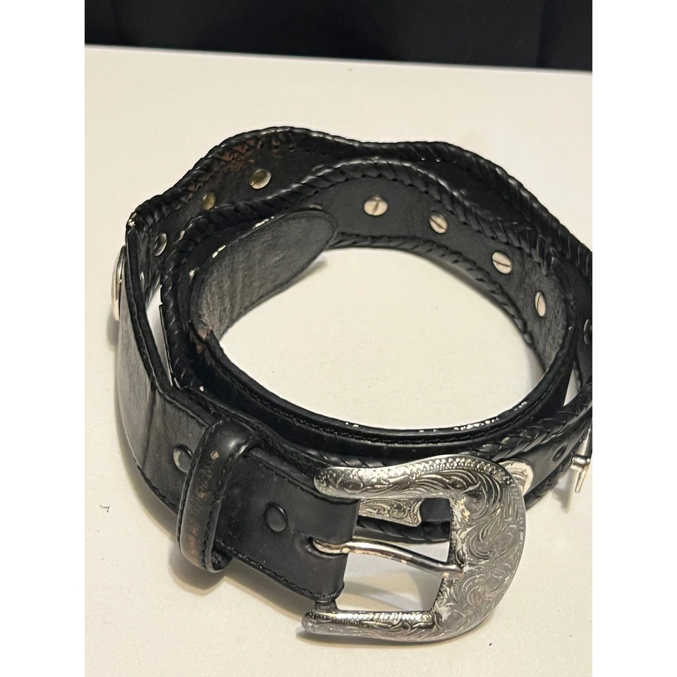 Tony Lama Western Black Leather Concho Belt 36 Silver Engraved Buckle - Image 2 of 4