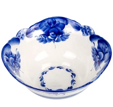 Gzhel Porcelain Bowl with Blue Roses Floral Pattern 23.7 fl oz Serving Bowl