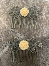 2 Retro Peach Rose flower Bronze Victorian Filigree Small Hair Comb Combs