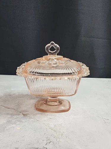 Vtg Indiana Depression Glass Pink Ribbed Lid Pedestal Candy Dish w/Lace Edge Gf2