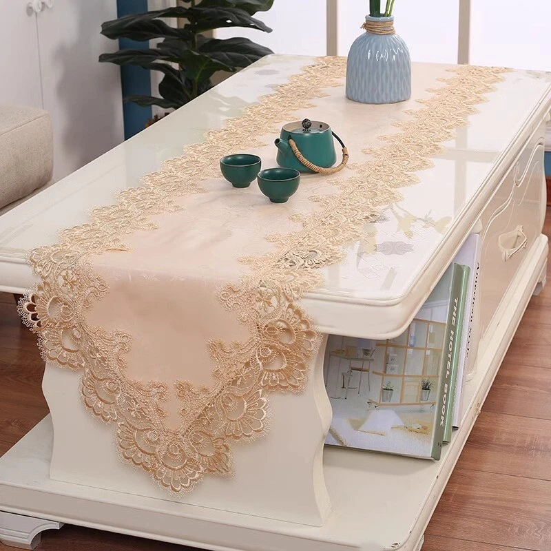 PU Leather Table Runner Lace Trim Table Cloth Wedding Party Chic Table Cover Art - Image 3 of 4