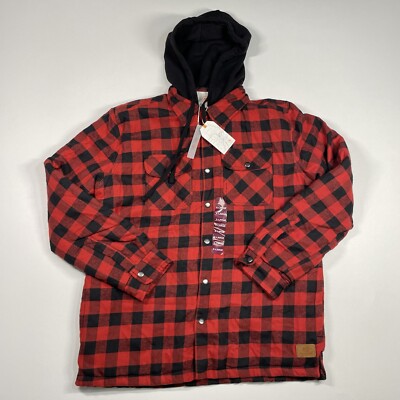 Cloudveil Shacket Men s XL Red Black Plaid Lined Snap Zip Pockets Hooded NEW