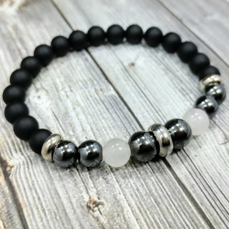 Pulsera para hombre 8"L ACERO INOXIDABLE 8mm piedra lunar+ónix+piedras preciosas de hematita con cuentas Foto 2 de 4