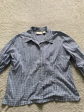 Field Manor Women Modern Classic Plaid 3/4 Sleeve Button-Up Shirt Blue Size M