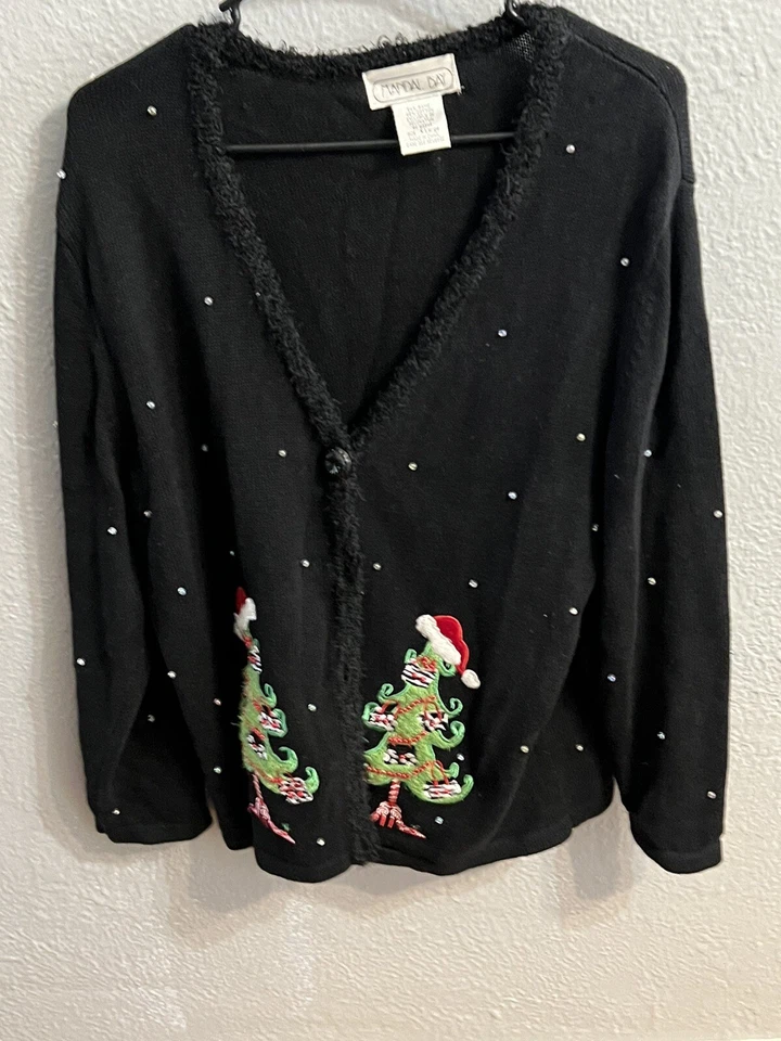 Mandal Bay Womens Holiday Sweater Black Embroidered Tree Long Sleeve XL - Image 2 of 4