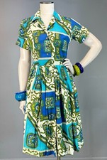 Vtg 50s 60s Cotton Print Dress Rockabilly Summer Shirt Roll Sleeve Novelty