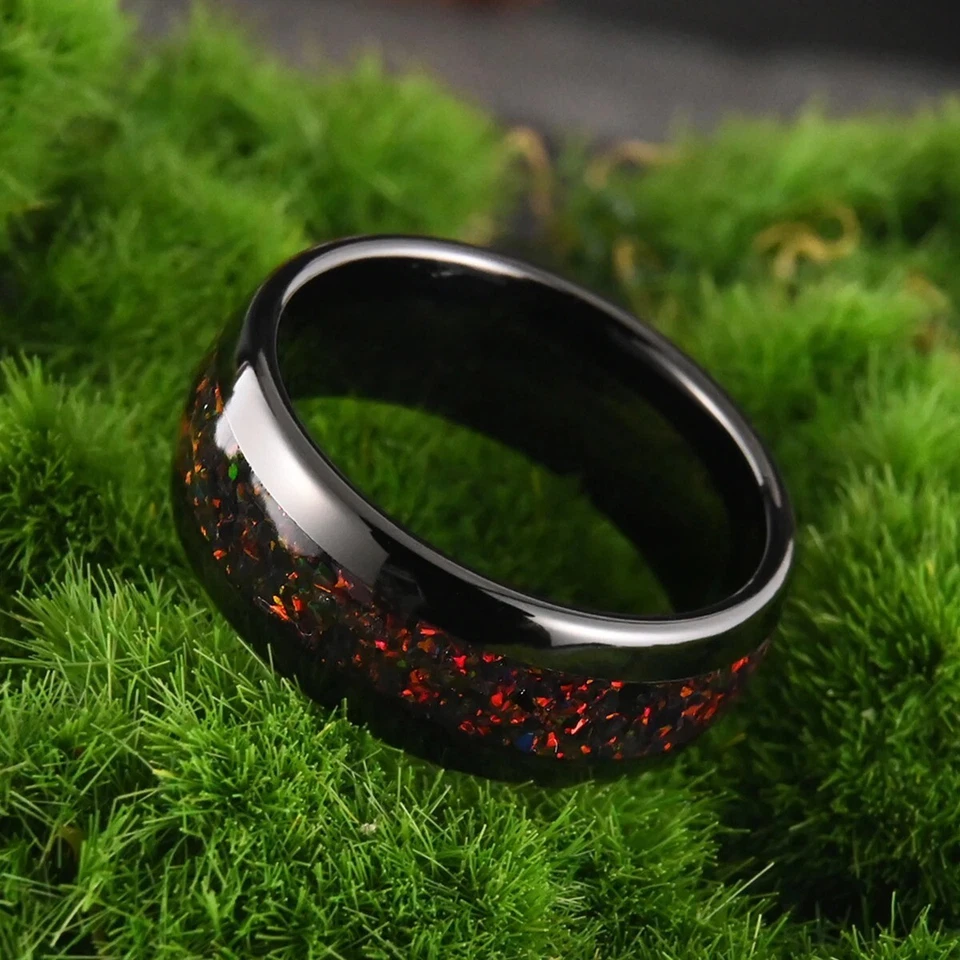 Anillo de carburo de tungsteno para hombre incrustación de ópalo aplastado moda compromiso joyería regalo Foto 4 de 4