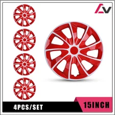 4Pcs 15''Universal Wheel Rim Cover Hubcaps White & Red Caps Trim Rings R15
