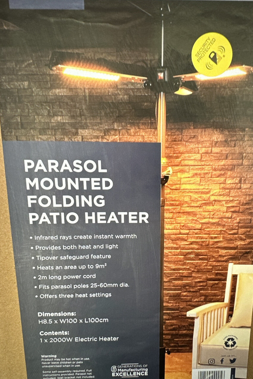 Charles Bentley 2000W Parasol Mounted Electric Patio Heater Black (GLPHTUM2000W) for sale