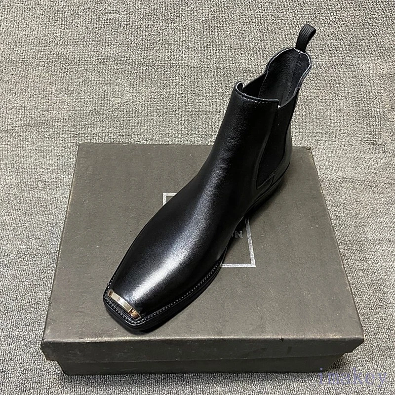Men Real Leather High top Chelsea Suede Ankle Boots Metal Square Toe Dress Shoes