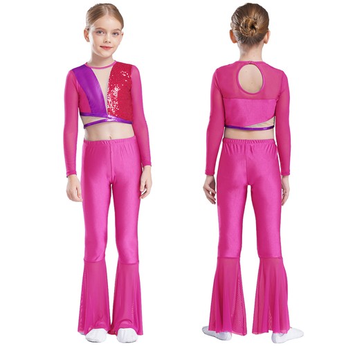 Kids Girls Crop Top With Trousers Jazz Sweatsuit Pageant Outfit Ballroom Tango - Picture 23 of 52