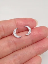 925 Sterling Silver Tiny Cz Crescent Moon Stud Earrings Moon Studs 9.5mm(0.37")