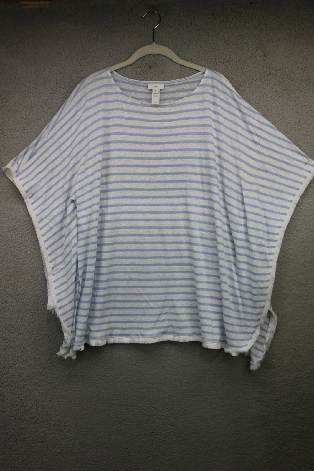 J.Jill 100% Linen Striped Poncho Top-Fringed-Size M/L-BOHO-Nautical