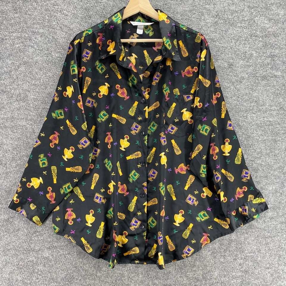 Camisa de dormir Cacique para mujer 18/20 Plus negra con estampado de perfume con cuello abotonado Foto 4 de 4