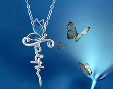 Necklace Pendant -  Blue Butterfly Faith Cross - Women & Men
