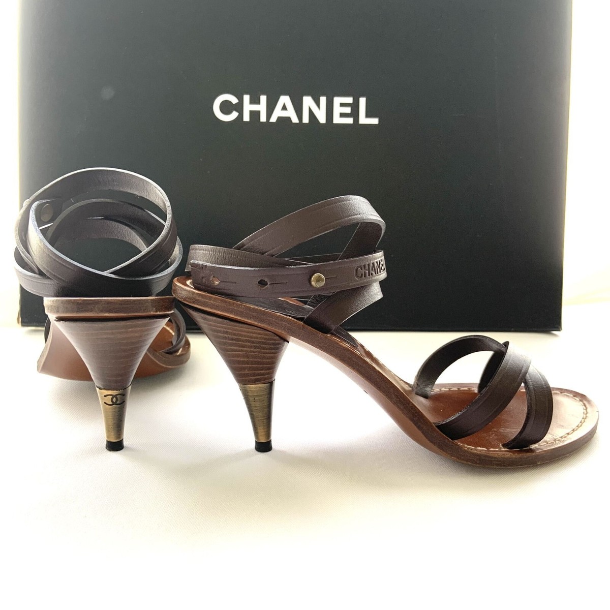 シャネル ミュール 35 CHANEL BROWN LEATHER ANKLE WRAP SANDALS HEELS MULES 35.5 | eBay