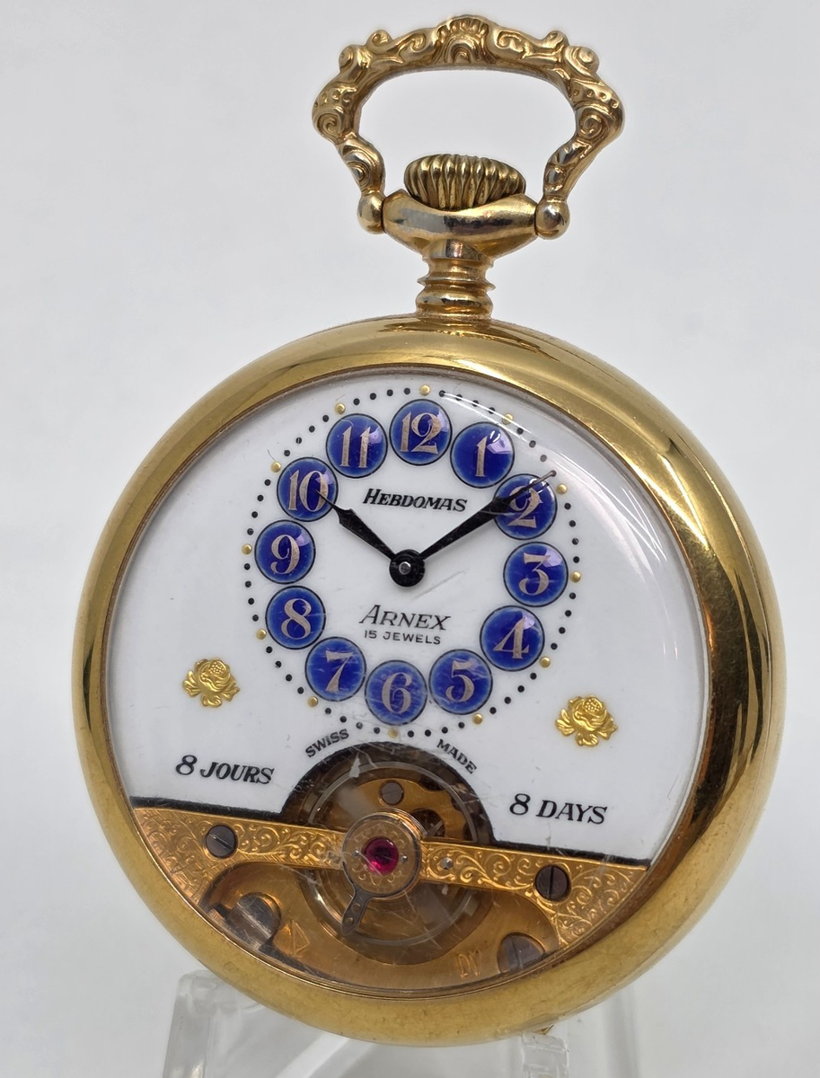 Vintage Swiss Hebdomas Arnex 8 Days 8 Jours Gold Tone Pocket Watch