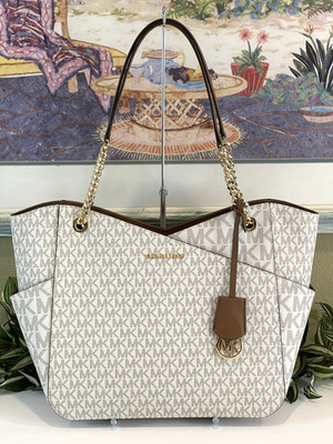 MICHAEL KORS JET SET TRAVEL LARGE X CHAIN SHOULDER TOTE BAG MK VANILLA LOGO GOLD