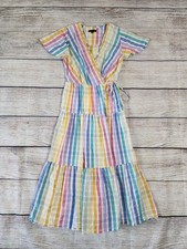 J. Crew Faux-Wrap Dress Size 0 Rainbow Gingham Midi Tiered Cotton Whimsy Summer