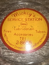 Vintage Mickey’s Service Station Shell Gasoline New Bedford Mass Glass Ashtray