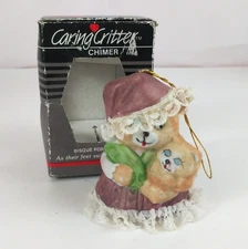 Vintage Jasco Caring Critter Chimers Bisque Porcelain Cat Mom & Baby Ornament