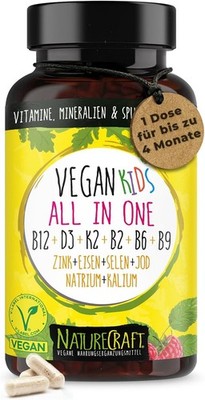 Vegan Kids All-in-One - Vitamin B12+D3+K2+B2+B6+B9 Folsäure + Zink + Eisen +... 