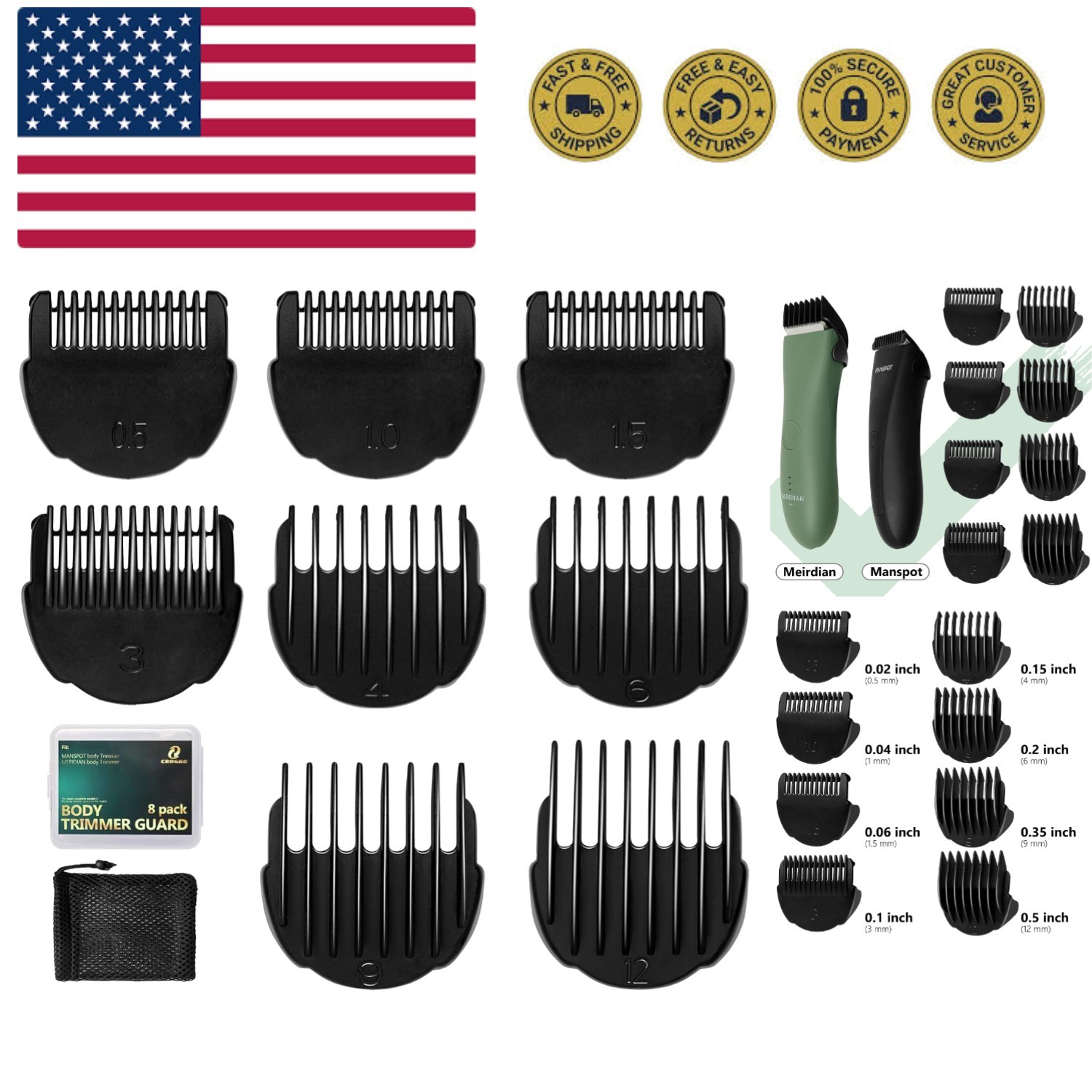 Hair Clipper Guards Guides 8pcs 0.02inch to 0.5Inch0.5mm-12m