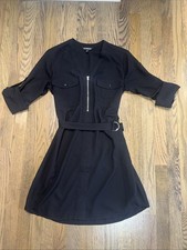 Express Shirt Dress M Black With Belt Long Roll Tab Sleeve