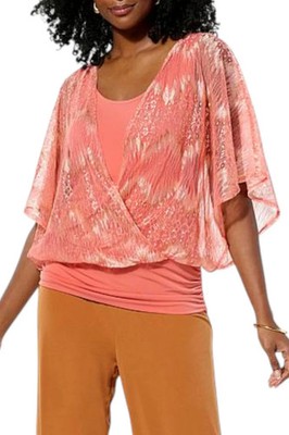 IMAN Global Chic Women's Draped Lace Top Coral Sunset