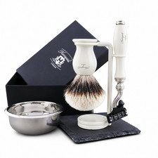 Classic 4PCS Shaving Kit with Silvertip Badger Brush, 3 Edge Razor, Stand Bowl