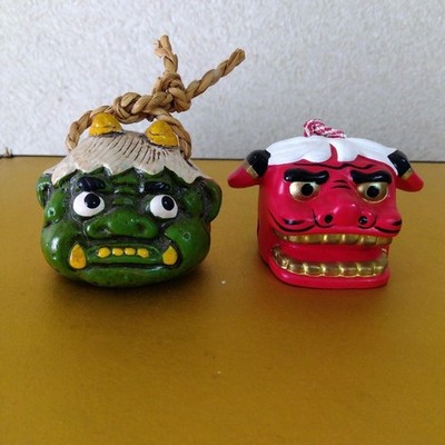 Lion Head & Oni Clay Bell Set - Red & Blue Oni, 6cm Collectible Decorative Item