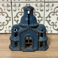 Antique A.C. Williams Mosque Domed Building Cast Iron Still Coin Bank Blue