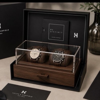 Holme & Hadfield Walnut Wood Watch Display Box, Clear Acrylic Lid, Holds 1-3
