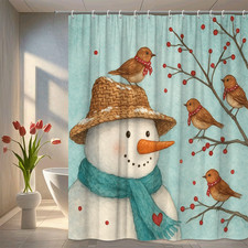 Charming Snowman Shower Curtain with Birds and Winter Scene