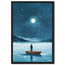 Moonlit Lake Boat Wall Art Canvas Oil Paintings Reproduction