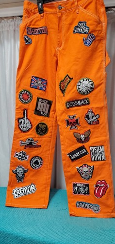 Pantalone da lavoro Dickie's arancione fluo donna 37 toppe musica rock taglia 9/29 unico - Foto 2 di 16